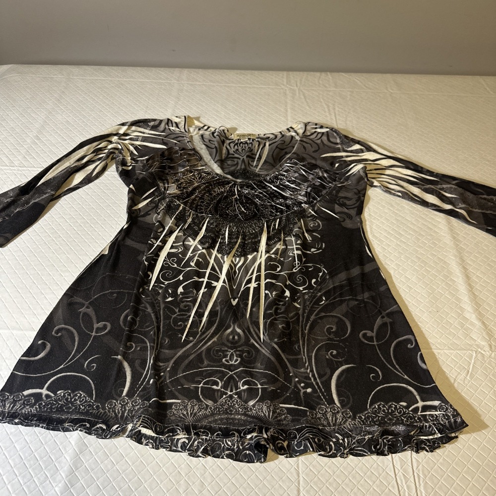 One World Live And Let Live Gray Size Sm 3/4 Sleeve Boho Hippie Tunic Top